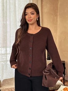 Vionelle Autumn/Winter Plus Size Brown Vertical Ribbed Knit Cardigan, Women's Round Neck Raglan Long Sleeve Front Button Loose Casual Knit Sweater Jacket - Brown - View 5