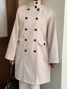 FavEase New 2026 ModelWomen's Wool Blend Casual Elegant Commute Office Double-Breasted Solid Color Coat Off-White Autumn - Apricot - View 4