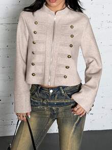 EgrlEra Jaket Wanita Musim Gugur Terbaru Warna Oatmeal dengan Saturasi Rendah yang Menawan, Serbaguna untuk Sehari-hari, Desain Kancing Ganda, Modis, Mewah, Lembut, dan Elegan - Grey - View 5