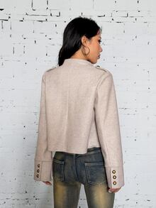 EgrlEra Jaket Wanita Musim Gugur Terbaru Warna Oatmeal dengan Saturasi Rendah yang Menawan, Serbaguna untuk Sehari-hari, Desain Kancing Ganda, Modis, Mewah, Lembut, dan Elegan - Grey - View 2