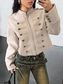 EgrlEra Jaket Wanita Musim Gugur Terbaru Warna Oatmeal dengan Saturasi Rendah yang Menawan, Serbaguna untuk Sehari-hari, Desain Kancing Ganda, Modis, Mewah, Lembut, dan Elegan - Grey - View 3