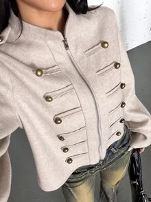 EgrlEra Jaket Wanita Musim Gugur Terbaru Warna Oatmeal dengan Saturasi Rendah yang Menawan, Serbaguna untuk Sehari-hari, Desain Kancing Ganda, Modis, Mewah, Lembut, dan Elegan - Grey - View 1