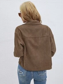 SHEIN LUNE Women's Solid Color Drop Shoulder Long Sleeve Single-Breasted Casual Jacket - Coffee Brown - View 2