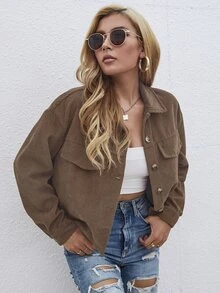 SHEIN LUNE Women's Solid Color Drop Shoulder Long Sleeve Single-Breasted Casual Jacket - Coffee Brown - View 7