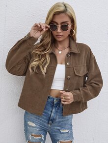 SHEIN LUNE Women's Solid Color Drop Shoulder Long Sleeve Single-Breasted Casual Jacket - Coffee Brown - View 6