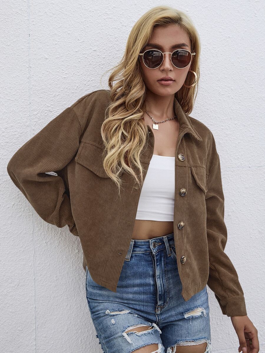 SHEIN LUNE Women's Solid Color Drop Shoulder Long Sleeve Single-Breasted Casual Jacket - Coffee Brown - View 1