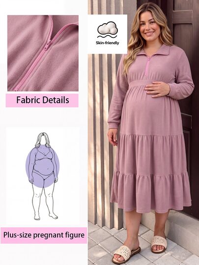 SHEIN فستان حمل مقاس كبير، فستان أنيق كاجوال بلون موحد بياقة طويلة وجسم ضيق منفوش، مناسب لحفلات استقبال المولود في الخريف/الشتاء، وردي رسمي