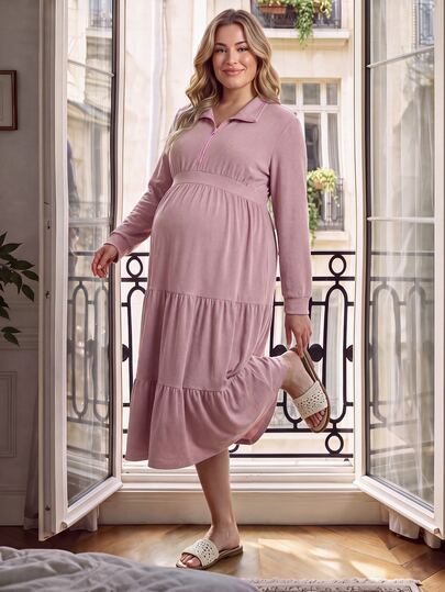 SHEIN Plus Size Maternity Dress, Solid Color Lapel Long Elegant Casual Fluffy Bodycon Dress, Fall/ Baby Shower Formal Pink Photoshoot