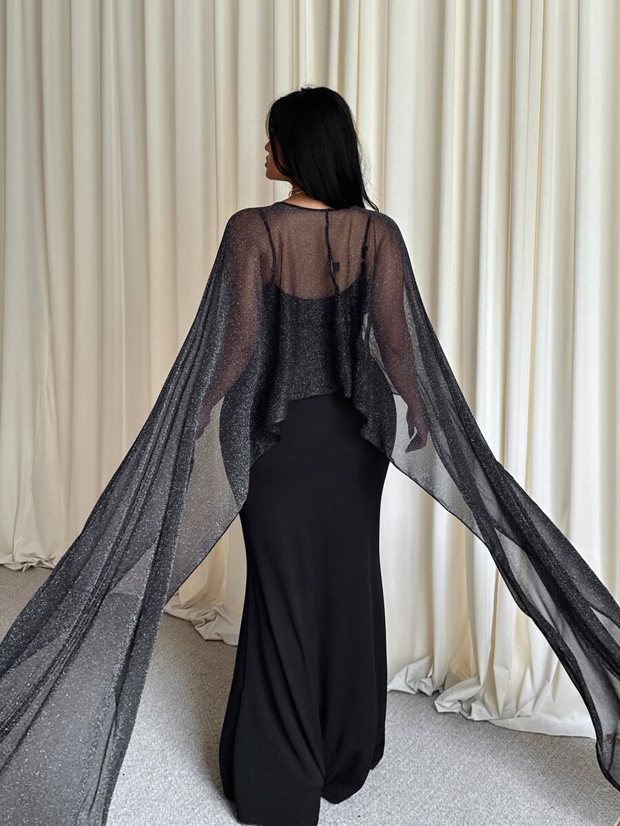 GalTyme Plus Size Women's Keyhole Neckline Shiny Cape Sleeve Top And Camisole Dress Elegant 2 Pieces Set Autumn Formal Dinner Grey Black - Black - View 1