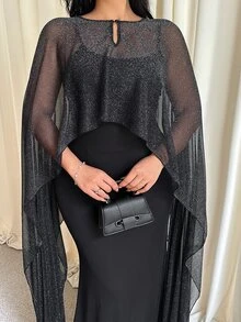 GalTyme Plus Size Women's Keyhole Neckline Shiny Cape Sleeve Top And Camisole Dress Elegant 2 Pieces Set Autumn Formal Dinner Grey Black - Black - View 5