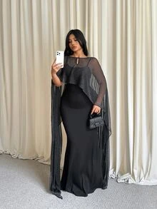 GalTyme Plus Size Women's Keyhole Neckline Shiny Cape Sleeve Top And Camisole Dress Elegant 2 Pieces Set Autumn Formal Dinner Grey Black - Black - View 2