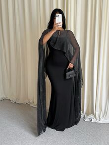 GalTyme Plus Size Women's Keyhole Neckline Shiny Cape Sleeve Top And Camisole Dress Elegant 2 Pieces Set Autumn Formal Dinner Grey Black - Black - View 6