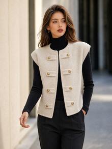 Editum Women's Casual Preppy Elegant Napoleon Jacket Office Gold Autumn - Apricot - View 5