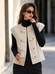 Editum Women's Casual Preppy Elegant Napoleon Jacket Office Gold Autumn - Apricot - View 4