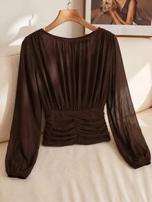 SHEIN Clasi Women's Solid Color Pleated Fashion Boat Neck Waist-Cinching Gathered Blouse - Mocha Brown - View 5