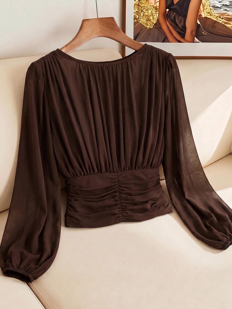 SHEIN Clasi Women's Solid Color Pleated Fashion Boat Neck Waist-Cinching Gathered Blouse - Mocha Brown - View 1