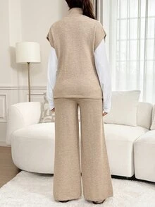 SHEIN Maternity Solid Color Stand Collar Top And Adjustable Waist Long Pants Knit Set Winter - Apricot - View 5