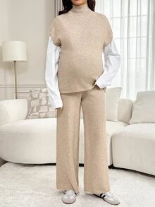 SHEIN Maternity Solid Color Stand Collar Top And Adjustable Waist Long Pants Knit Set Winter - Apricot - View 2