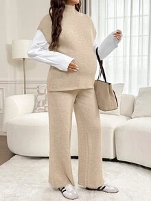 SHEIN Maternity Solid Color Stand Collar Top And Adjustable Waist Long Pants Knit Set Winter - Apricot - View 1