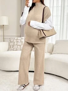SHEIN Maternity Solid Color Stand Collar Top And Adjustable Waist Long Pants Knit Set Winter - Apricot - View 4