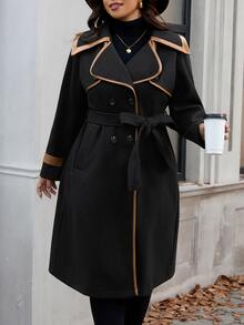 SHEIN Clasi 大尺碼女款拼色長袖雙排扣休閒商務優雅破洞大衣 辦公室晚宴正式穿搭 棕色 秋冬 - 黑色 - 查看 5