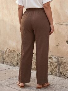 SHEIN PETITE CURVE Plus Size Casual Baggy Solid Color Pants For Vacation And Versatile Wear Formal Vacation Brown Autumn - Brown - View 3