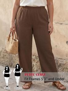 SHEIN PETITE CURVE Plus Size Casual Baggy Solid Color Pants For Vacation And Versatile Wear Formal Vacation Brown Autumn - Brown - View 5