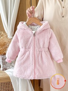 SHEIN 2件組女嬰秋冬百搭休閒加厚愛心毛絨法蘭絨收腰長版保暖外套 - 淺粉色 - 查看 5