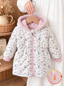 SHEIN 2件組女嬰秋冬百搭休閒加厚愛心毛絨法蘭絨收腰長版保暖外套 - 淺粉色 - 查看 2