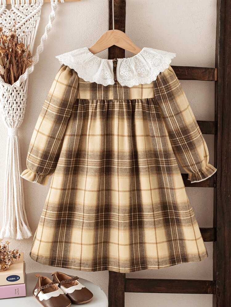 SHEIN Vintaside Kids Toddler Girl Plaid Dress White Brown Lace Peter Pan Collar Ruffle Cuff Long Sleeve Birthday Party Baby Shower Birthday Autumn - Khaki - View 2