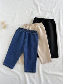 SHEIN 3件裝男嬰簡單休閒純色長褲，藍色丹寧、杏色、黑色，適合日常穿著、上學、外出、運動，秋季款 - 彩色 - 查看 3