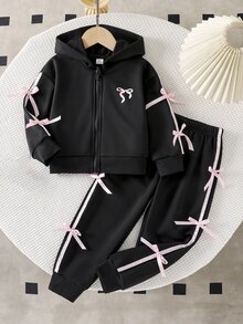 SHEIN Genkimix Kids 女童外套套裝，春秋甜酷風嬰兒蝴蝶結造型，連帽衛衣 + 運動風 7 歲生日運動長褲 2 件套，粉色棕色 - 黑色 - 查看 1