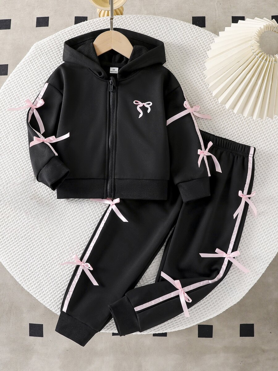 SHEIN Genkimix Kids 女童外套套裝,春秋甜酷風嬰兒蝴蝶結造型,連帽衛衣 + 運動風 7 歲生日運動長褲 2 件套,粉色棕色 - 黑色 - 查看 1