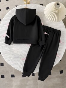 SHEIN Genkimix Kids 女童外套套裝，春秋甜酷風嬰兒蝴蝶結造型，連帽衛衣 + 運動風 7 歲生日運動長褲 2 件套，粉色棕色 - 黑色 - 查看 2