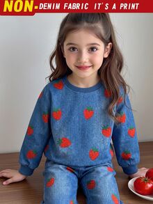SHEIN Elladie kids Young Girls 2Pcs Strawberry Print Denim Effect Sweatshirt + Flare Pants Casual Baby Outfit Set Autumn Denim Like 7th Birthday First Cherry - Blue - View 3