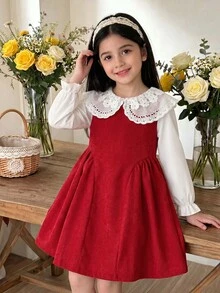 SHEIN Elladie kids 1件女童韓式甜美可愛公主刺繡蕾絲雙層彼得潘領長袖荷葉袖口紋理布料不對稱下擺洋裝，適合派對、生日禮物、度假、旅行，四季皆宜 - 紅色 - 查看 3