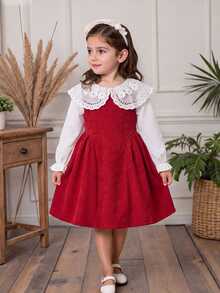 SHEIN Elladie kids 1件女童韓式甜美可愛公主刺繡蕾絲雙層彼得潘領長袖荷葉袖口紋理布料不對稱下擺洋裝，適合派對、生日禮物、度假、旅行，四季皆宜 - 紅色 - 查看 5