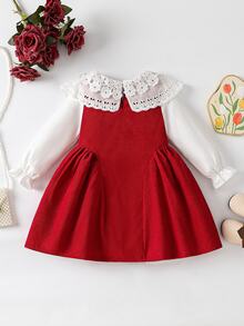 SHEIN Elladie kids 1件女童韓式甜美可愛公主刺繡蕾絲雙層彼得潘領長袖荷葉袖口紋理布料不對稱下擺洋裝，適合派對、生日禮物、度假、旅行，四季皆宜 - 紅色 - 查看 2