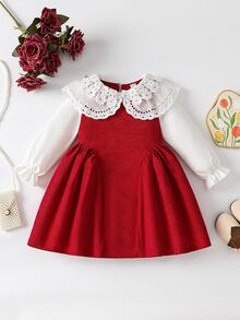 SHEIN Elladie kids 1件女童韓式甜美可愛公主刺繡蕾絲雙層彼得潘領長袖荷葉袖口紋理布料不對稱下擺洋裝，適合派對、生日禮物、度假、旅行，四季皆宜 - 紅色 - 查看 4