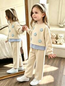 Elladie kids Girls Korean Style Energetic Loose Gray Floral Sweatshirt 2 In 1 Bow Pattern 2 Pieces Set - Khaki - View 3
