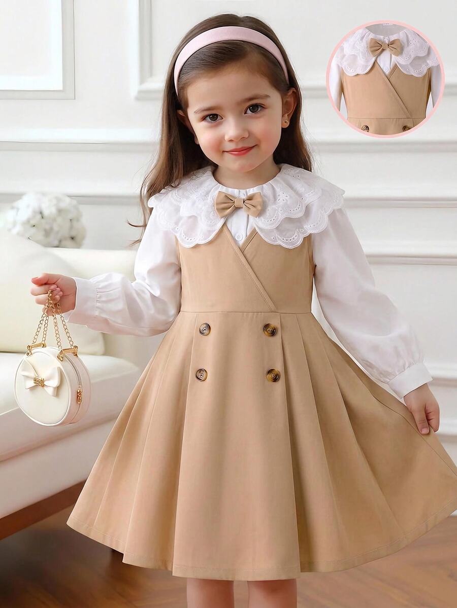 Elladie kids Conjunto de 2 piezas para niñas jóvenes, blusa de manga larga con cuello de encaje y lazo lindo y vestido pichi plisado, atuendo preppy infantil para otoño/invierno, cumpleaños, blanco