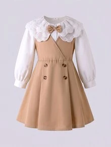 Elladie kids Conjunto de 2 piezas para niñas jóvenes, blusa de manga larga con cuello de encaje y lazo lindo y vestido pichi plisado, atuendo preppy infantil para otoño/invierno, cumpleaños, blanco - Caqui - Ver 8