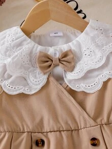 Elladie kids Conjunto de 2 piezas para niñas jóvenes, blusa de manga larga con cuello de encaje y lazo lindo y vestido pichi plisado, atuendo preppy infantil para otoño/invierno, cumpleaños, blanco - Caqui - Ver 5