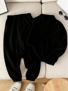 Mirajuku 2pcs/Set Young Boy Fashionable Casual Minimalist Half-Zip Stand Collar Hoodie & Elongated Sweatpants Set, Daily Wear Autumn Fall - Black - View 3