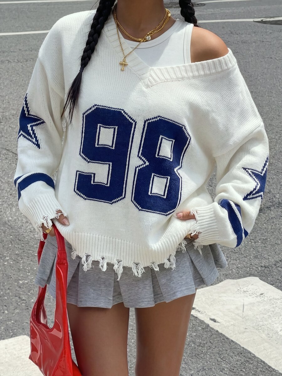 SHEIN Girls V-Neck Pullover Fashion Knit Sweater, Suitable For Autumn/Winter, Daily Wear, School, Outings, Gatherings - White - View 1