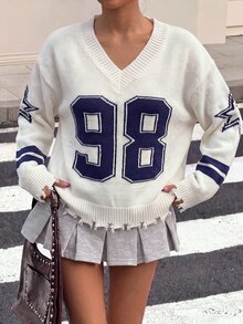 SHEIN Girls V-Neck Pullover Fashion Knit Sweater, Suitable For Autumn/Winter, Daily Wear, School, Outings, Gatherings - White - View 4