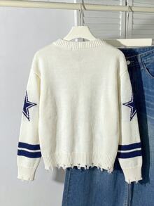 SHEIN Girls V-Neck Pullover Fashion Knit Sweater, Suitable For Autumn/Winter, Daily Wear, School, Outings, Gatherings - White - View 2
