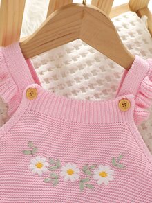 SHEIN 1件純棉粉色荷葉邊肩帶連身褲，精緻刺繡嬰兒針織連身衣，時尚甜美秋冬套裝 - 粉色 - 查看 8
