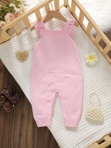 SHEIN 1件純棉粉色荷葉邊肩帶連身褲，精緻刺繡嬰兒針織連身衣，時尚甜美秋冬套裝 - 粉色 - 查看 2
