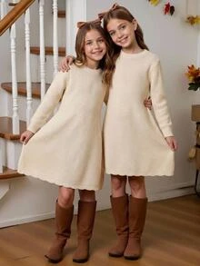 Young Girl Solid Color Round Neck Casual Daily Knit Dress Autumn Winter - Apricot - View 8